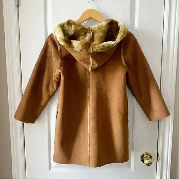Floriane Coat Faux Suede Faux  Fur Winter Pea Coat Hood Tan Brown Girls Size 8 - Picture 4 of 16